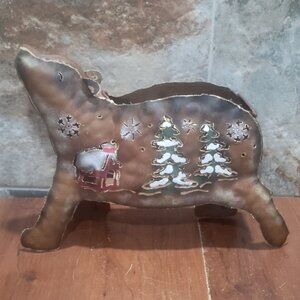 Metal Folkart Christmas Bear Decorative Container Candle Holder